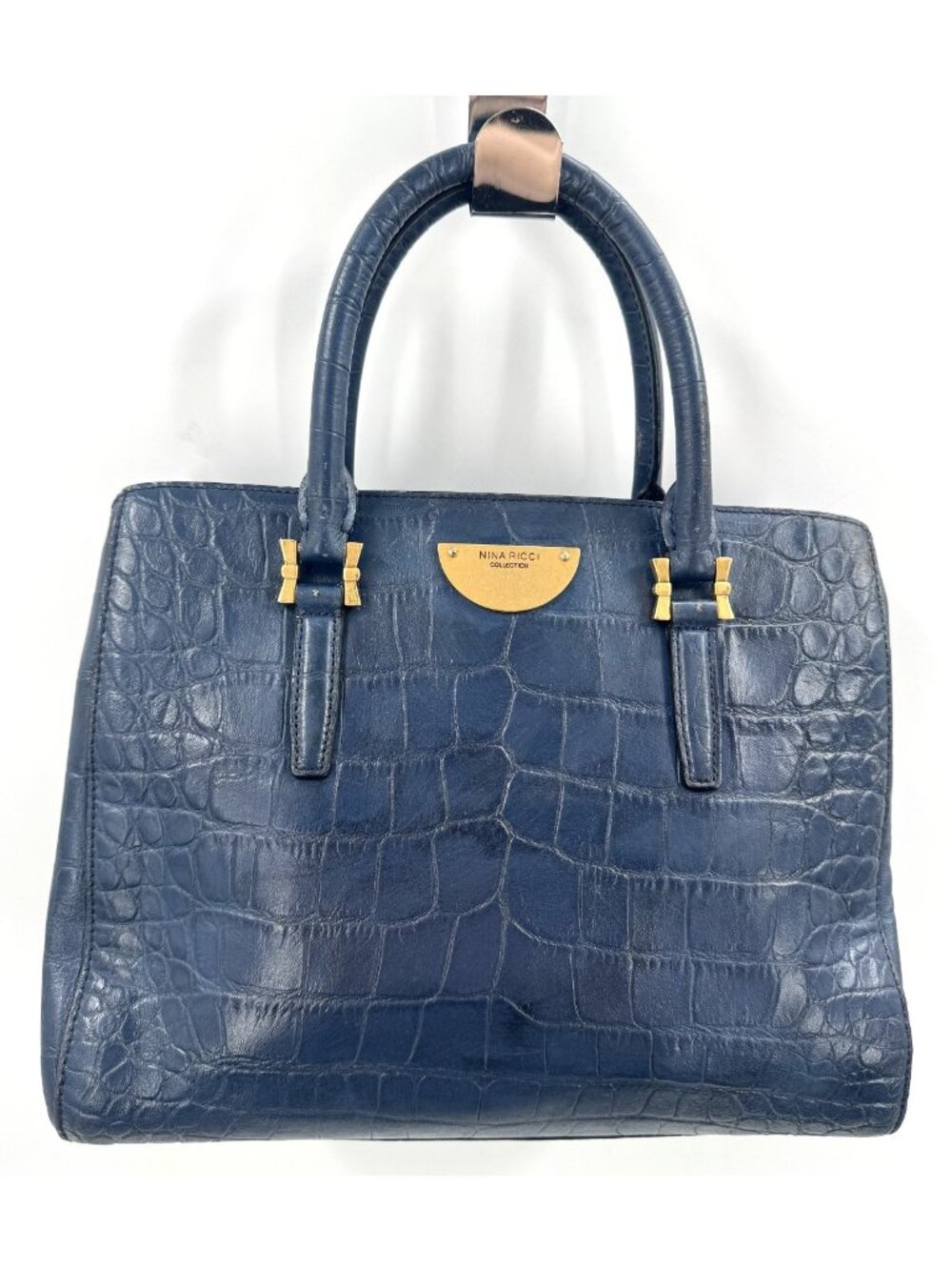 Vintage 90s Nina Ricci Blue Leather Tote Bag Croc Embossed Satchel Zip Handbag